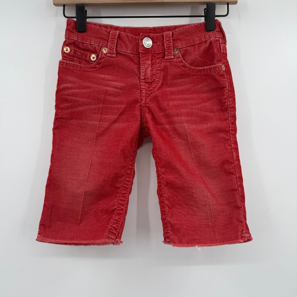 True Religion Pants Youth Boys 7 Red Corduroy Geno Cut Off Logo 8.5" Inseam